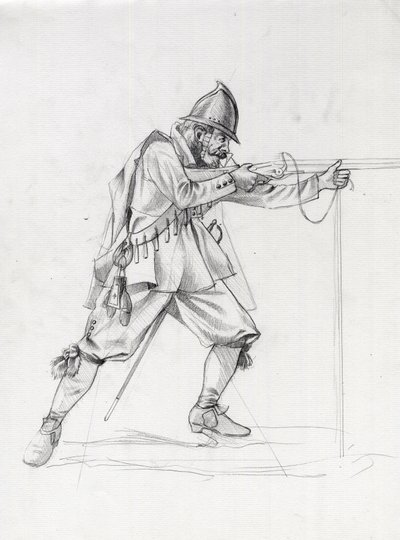 17 世纪一名海军士兵的肖像，他将自己置于射击位置。 亚历山德罗·洛纳蒂绘制。 作者 亚历山德罗·洛纳蒂