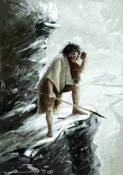 史前：一个尼安德特人（尼安德特人或尼安德特人：智人）在雪下，栖息在一块岩石上，望着地平线。亚历山德罗-洛纳蒂的绘画作品 作者 亚历山德罗·洛纳蒂