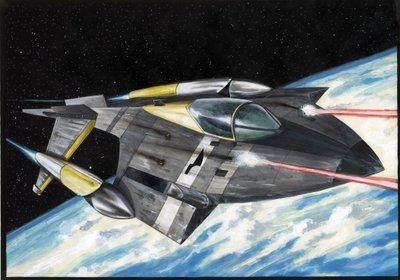 科幻小说插图：征服太空或宇宙的太空飞船将激光射线拉到地球上空。 亚历山德罗·洛纳蒂绘画 作者 亚历山德罗·洛纳蒂