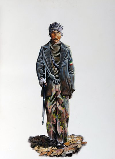 第二次世界大战：意大利抵抗运动（游击队或游击队、游击队）（Resistenza Italiana）成员，身着迷彩服，手持机枪武器。1943-1945.亚历山德罗-洛纳蒂插图 作者 亚历山德罗·洛纳蒂