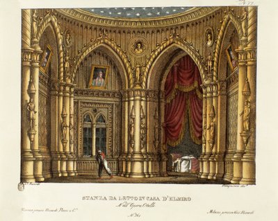 Elmire（或 Elmiro）的卧室 Gioacchino Rossini（或 Gioachino）（1816 年）根据威廉·莎士比亚的作品“奥赛罗或威尼斯的摩尔人”为歌剧“奥赛罗”设计的布景图）1830 年（石版画） 作者 亚历山德罗·桑基里科（Alessandro Sanquirico）