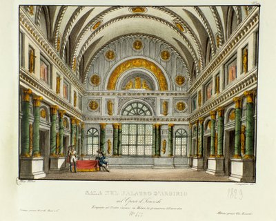 锡拉库扎国王的宫殿景观 Argirio 1829年为吉奥奇诺-罗西尼（或吉奥奇诺）（1813年）在米兰演出的歌剧 "Tancredi"（或Tancrede）绘制场景，该剧是根据伏尔泰的作品 "Tancrede "制作的。在 "Raccolta di invenzion "中的石版画 作者 Alessandro Sanquirico