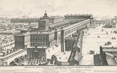Quirinale山上的教皇宫，也被称为Monte Cavallo，由Alessandro Specchi（1668-1729）绘制和雕刻，意大利 作者 亚历山德罗·斯佩基（Alessandro Specchi）