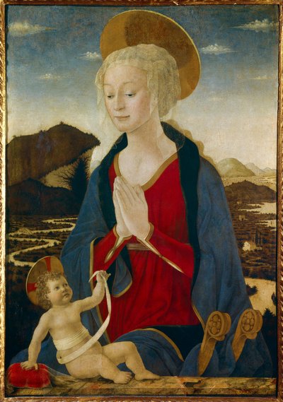 圣母怀抱圣婴。两人都戴着金色耳环。Alessio Baldovinetti（1425-1499 年）创作的木板画，15 世纪 Sun.1,06x0,75 米 作者 阿莱西奥·巴尔多维内蒂