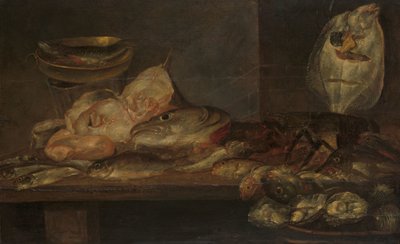 旁边桌子上的鱼和龙虾、牡蛎静物画 作者 亚历山大·阿德里亚森（Alexander Adriaenssen）