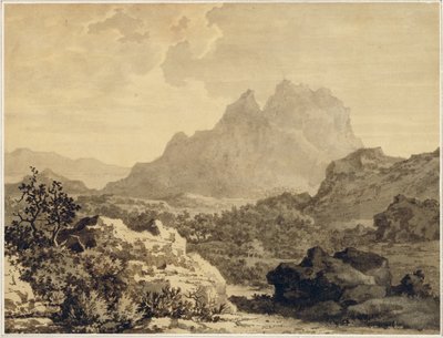 山地景观，1780年（用棕色地面准备的纸上的灰色和棕色水洗） 作者 亚历山大·科曾斯