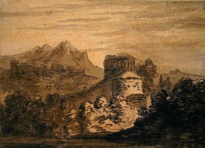 有意大利式建筑的山区风景（纸上铅笔、钢笔、水墨）。 作者 亚历山大·科曾斯
