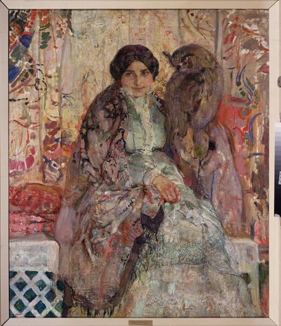 与大角猫头鹰在一起的女人亚历山大-伊万诺维奇-萨维诺夫（1881-1942 年）的画作，布面油画 作者 亚历山大·伊万诺维奇·萨维诺夫