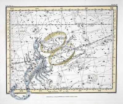 星座（Plate XIX）天秤座和天蝎座，来自亚历山大·贾米森（Alexander Jamieson）的“天体地图集”（A Celestial Atlas）。伦敦1822年（手工彩色雕刻） 作者 Alexander Jamieson