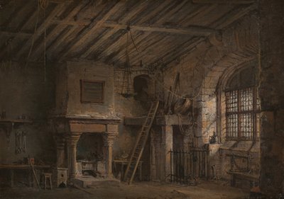 Midlothian之心》的舞台设计，Tolbooth，约1819年。 作者 亚历山大·纳斯米斯