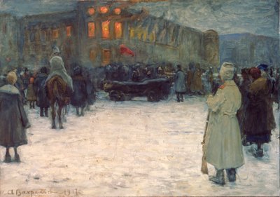 Un incendie au chateau lituanien, Revolution de fevrier 1917, Saint Petersbourg（立陶宛城堡火灾，1917 年 2 月革命，圣彼得堡）- Oeuvre de Alexander Ivanovich Vakhrameyev (1874-1926)，纸上水粉画 作者 亚历山大·瓦赫拉梅耶夫