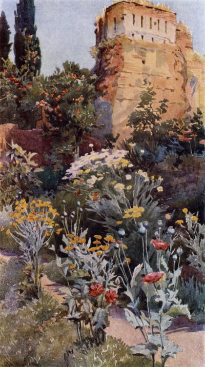 在阿罕布拉花园（彩色石版画） 作者 亚历山大·华莱士·雷明顿