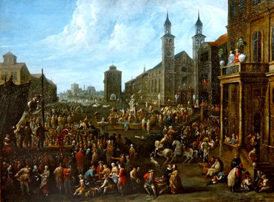 有街头艺人和其他人物的市场场景（布面油画） 作者 Alexander van Bredael