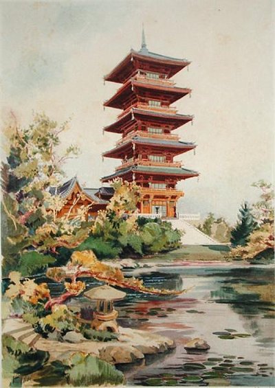 位于比利时拉肯的皇家公园的日本塔，来自Orientalisme et Architecture Contemporaine，由Jules Adolphe Chauvet（b.1828）雕刻（另见171915,172965,172990） 作者 亚历山大·奥古斯特·路易斯·马塞尔