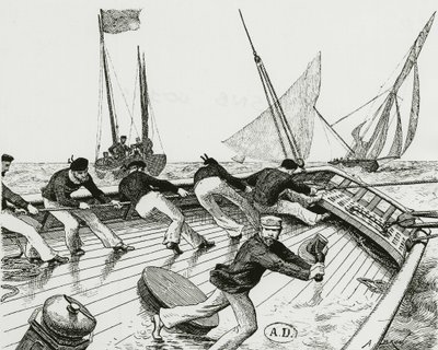 帆船比赛。Le turn du Bateau-Buoée - A. Brun的绘图，Bibl.des Arts deco。 作者 亚历山大·布伦