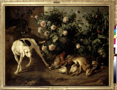 玫瑰丛附近养狗的游戏 Francois Desportes (1661-1743) 1724 年作画。 1,07x1,38 m 巴黎，卢浮宫。 作者 亚历山大·弗朗索瓦·德斯波特
