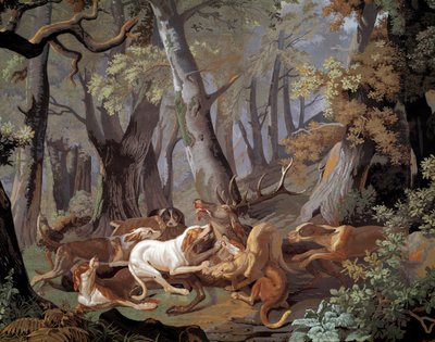 Stag Hunting Dussy 壁纸，由 Alexandre-Francois Desportes（1661-1743 年）绘制而成。 1851. 巴黎，装饰艺术 作者 亚历山大·弗朗索瓦·德斯波特