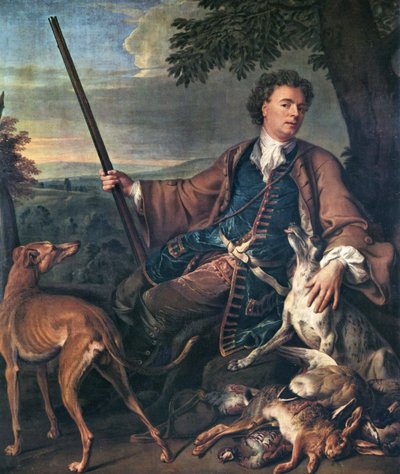 法文：Portrait de M. Desportes peint par lui-même avec du gibier mort à ses pieds（艺术家作为猎人的肖像） 猎装自画像 作者 亚历山大·弗朗索瓦·德斯波特