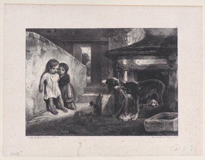 被咆哮的狗吓坏的孩子，出自《狩猎场景》系列，1829年。 作者 亚历山大·加布里埃尔·戴尚