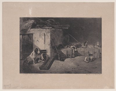 犬舍的内部，来自《狩猎场景》系列，1829年。 作者 亚历山大·加布里埃尔·戴尚