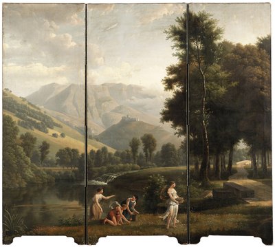 阿卡狄亚的风景，处女处在河边，超越山顶的城堡，1801年 作者 亚历山大·海辛斯·杜努伊（Alexandre Hyacinthe Dunouy）