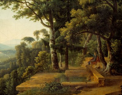哲学家让·雅克·卢梭（Jean Jacques Rousseau，1712-1778）于 1770 年在里昂 Detail 附近的 Parc de la Rochecordon 进行冥想。 Alexandre Hyacinthe Dunouy (1757-1841) 的绘画 作者 亚历山大·海辛斯·杜努伊（Alexandre Hyacinthe Dunouy）