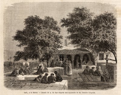 La Marsa（突尼斯）的咖啡馆景色，由A.de Bar绘制，用于说明1859年Amable Crapelet的突尼斯之旅。雕刻在《世界之旅》中，由Edouard Charton编辑。 作者 Alexandre de（之后）酒吧