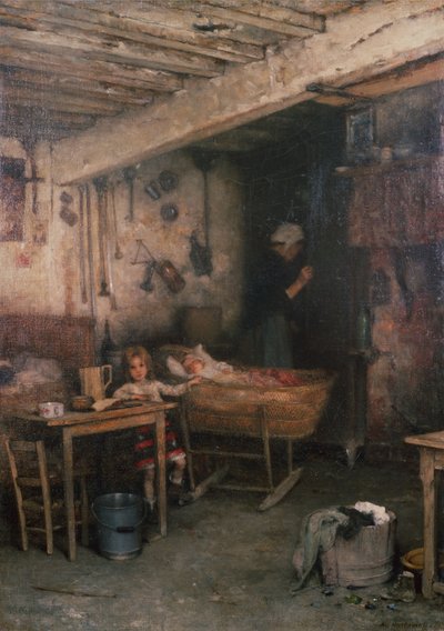 小屋内的儿童（布面油画 作者 阿列克谢·阿列克谢维奇·哈拉莫夫