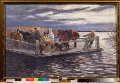 Un bac (A Ferry) - Peinture de Alexei Stepanovich Stepanov (1858-1923), huile sur toile, vers 1900 - Art russe, debut 20th siecle - 国家露天博物馆，罗斯托夫克里姆林宫，罗斯托夫（俄罗斯） 作者 阿列克谢·史蒂帕诺维奇·斯蒂芬诺夫