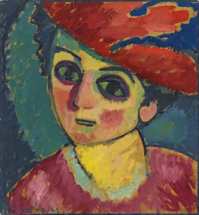 红帽，阿列克谢·冯·贾伦斯基（Alexej von Jawlensky）绘画，纸板油画，1912年-红帽-Javlensky，阿列克谢，冯·冯 作者 阿列克谢·冯·贾伦斯基