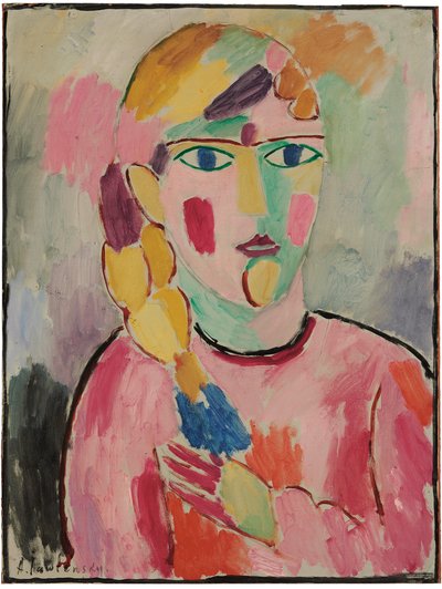 蓝眼睛，马尾辫的女孩；蓝眼睛和辫子的女孩，约1916年 作者 阿列克谢·冯·贾伦斯基