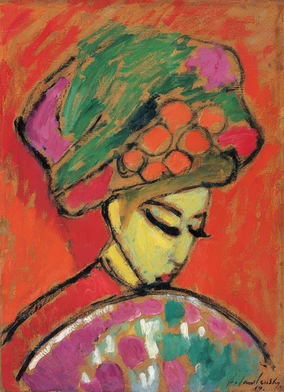 戴花帽的女孩（头巾的女孩）。 1910年 作者 阿列克谢·冯·贾伦斯基