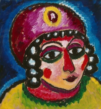 有红色头巾和黄色agraffe的（野蛮公主）女孩的头。约于1912年 作者 Alexej von Jawlensky