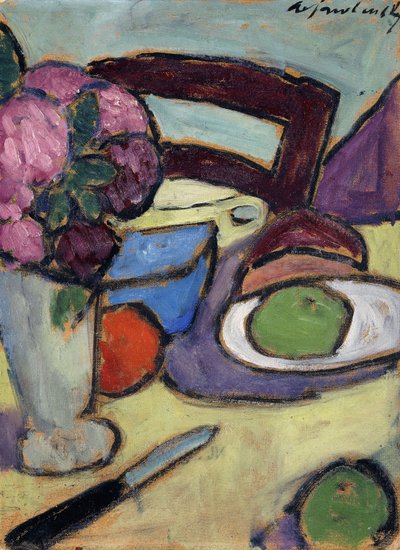 静物与椅子和花束；静物与椅子和花街，1906年 作者 阿列克谢·冯·贾伦斯基