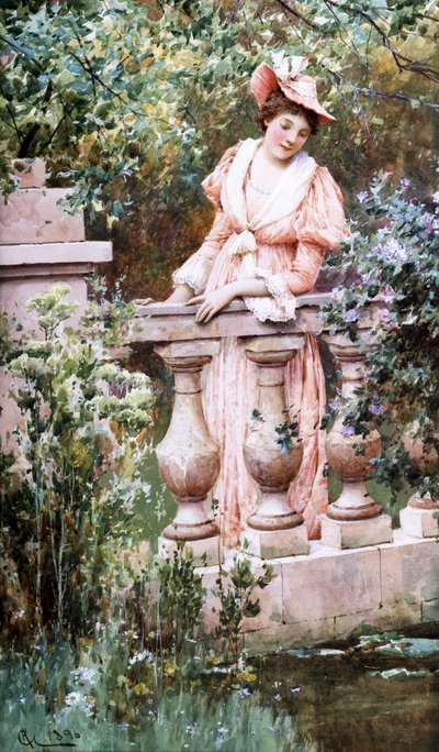 休闲时刻。一位优雅的女性正注视着一个装有栏杆的池塘。阿尔弗雷德-奥古斯都一世-格兰丁（1861-1903 年，英国人）的画作 珍藏系列 作者 阿尔弗雷德·奥古斯都·格伦登宁