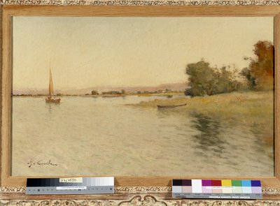湖岸上的小船和帆船 阿尔弗雷德·卡西尔 (Alfred Casile)（1848-1909）绘画，20 世纪 强制提及：收藏基金会关注马赛普罗旺斯 作者 阿尔弗雷德·卡西尔