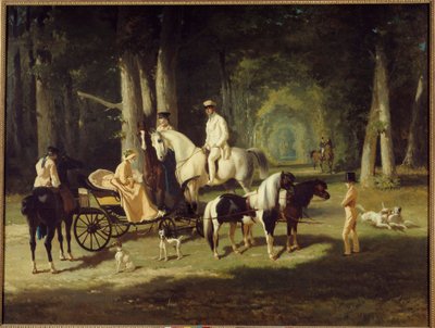 A. Mosselman 夫妇和他们的两个女儿骑马穿过树林。 阿尔弗雷德·德·德勒 (Alfred de Dreux) (1810-1860) 1848 年作画。 2x2,65 m 巴黎，小皇宫博物馆 作者 阿尔弗雷德德勒