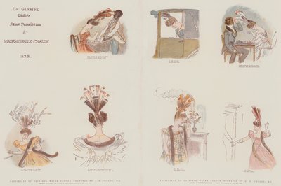 原创水彩图纸传真，旨在为1828年女性头饰时尚服饰（chromolitho） 作者 Alfred Edward Chalon