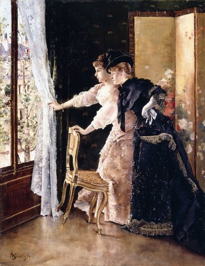 观看未婚夫路过，1886年 作者 阿尔弗雷德·埃米尔·史蒂文斯（Alfred Emile Stevens）