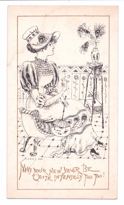 维多利亚时代的新年卡，一个欣赏孔雀羽毛花瓶的美学家，约1881年（单色）。 作者 阿尔弗雷德·格雷