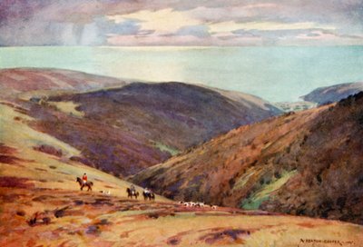 Hunting the Red Deer on Exmoor, Vale of Porlock (colour litho) 作者 阿尔弗雷德·希顿·库珀