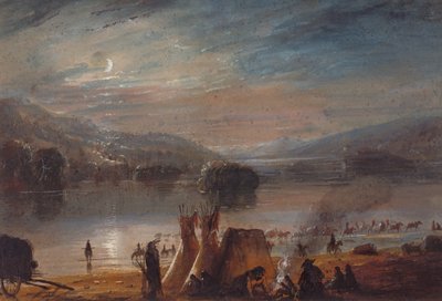 月光下渡河，扎营，约 1858-60（纸面水彩画） 作者 阿尔弗雷德·雅各布·米勒
