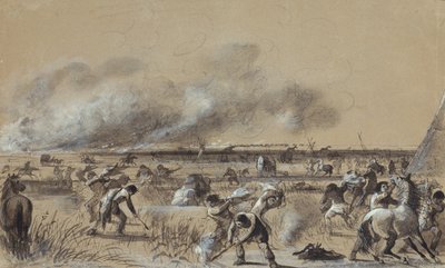 草原之火，点燃营地，约 1837 年（纸上水洗加高光处理） 作者 阿尔弗雷德·雅各布·米勒