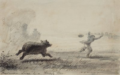 被灰熊追赶的丰特奈尔，约1837年（纸上的笔、墨、水）。 作者 阿尔弗雷德·雅各布·米勒