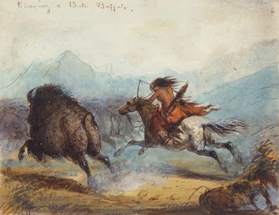 奔跑水牛的印第安女性，约 1858-60（纸面水彩画） 作者 阿尔弗雷德·雅各布·米勒