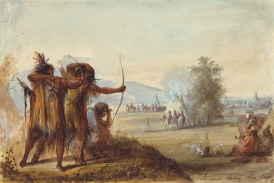 印第安人试弓，约 1858 年（纸上铅笔、水彩和水粉画） 作者 阿尔弗雷德·雅各布·米勒