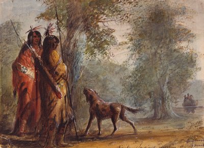 观看独木舟靠近的蛇族印第安人，约 1837 年（纸上铅笔、水彩和水粉画） 作者 阿尔弗雷德·雅各布·米勒