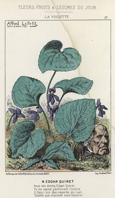 维奥莱特。关于Edgar Quinet的漫画--1871年3月9日在 "每日花卉、水果和蔬菜 "中的插图。 作者 阿尔弗雷德·勒·佩蒂特