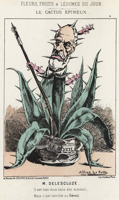 Le Cactus Spineux:关于路易-查尔斯-德莱斯库兹（1809-1871）的漫画--1871年1月16日在 "每日花卉、水果和蔬菜 "中的插图。 作者 阿尔弗雷德·勒·佩蒂特