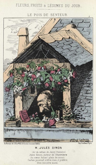 Le Peas de Fragreur：关于朱尔斯-西蒙（1814 - 1896）的漫画--187年1月12日在 "每日花卉、水果和蔬菜 "中的插图。 作者 阿尔弗雷德·勒·佩蒂特